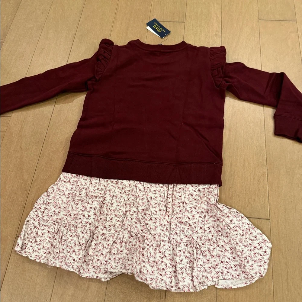 Ralph Lauren Girl’s Burgundy Sweatshirt Dress with Floral Skirt